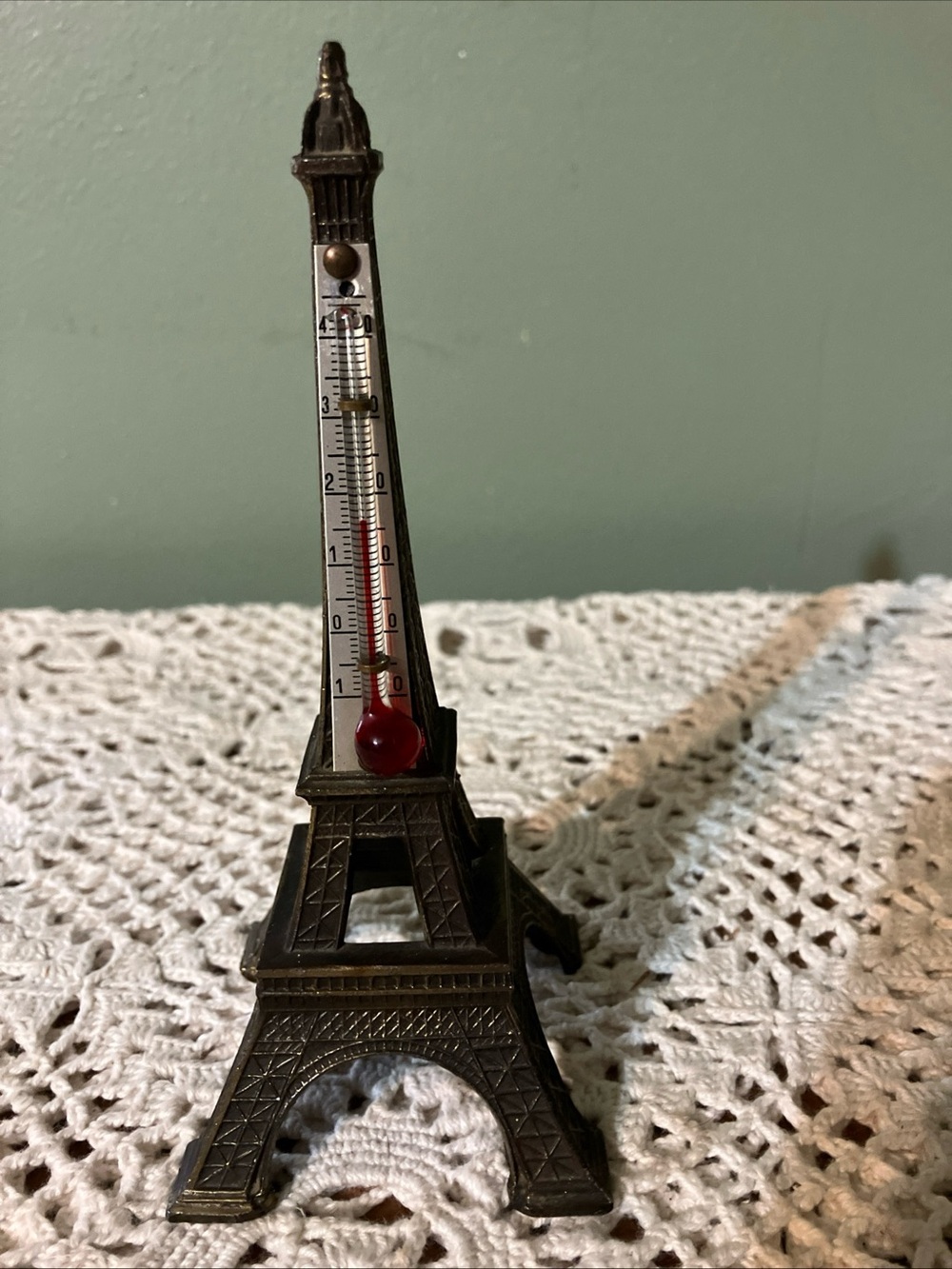 Vintage 70’s Eiffel Tower 6” w/ Thermometer - Cast Metal w/ Marble Base